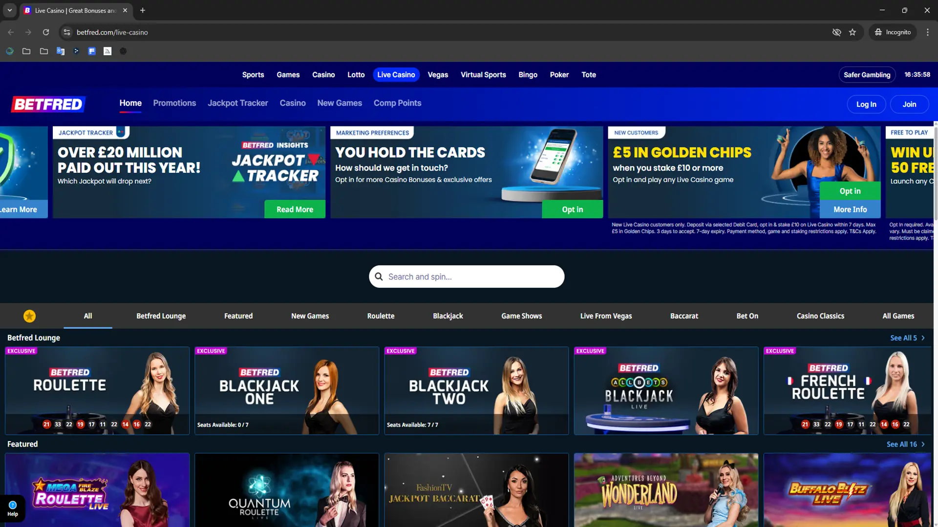 Betfred Casino homepage screenshot